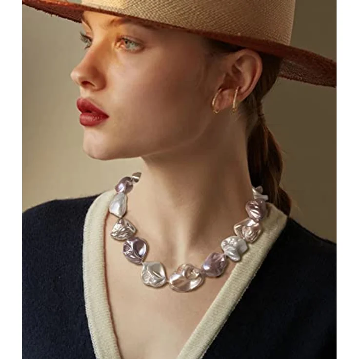 FULU AUTUMN Große Muschel Perlenkette Damen, Unregelmäßige Perlen Statement Choker Kette, 45 cm, Weiß-Rosa Boho Schmuck – Bild 3