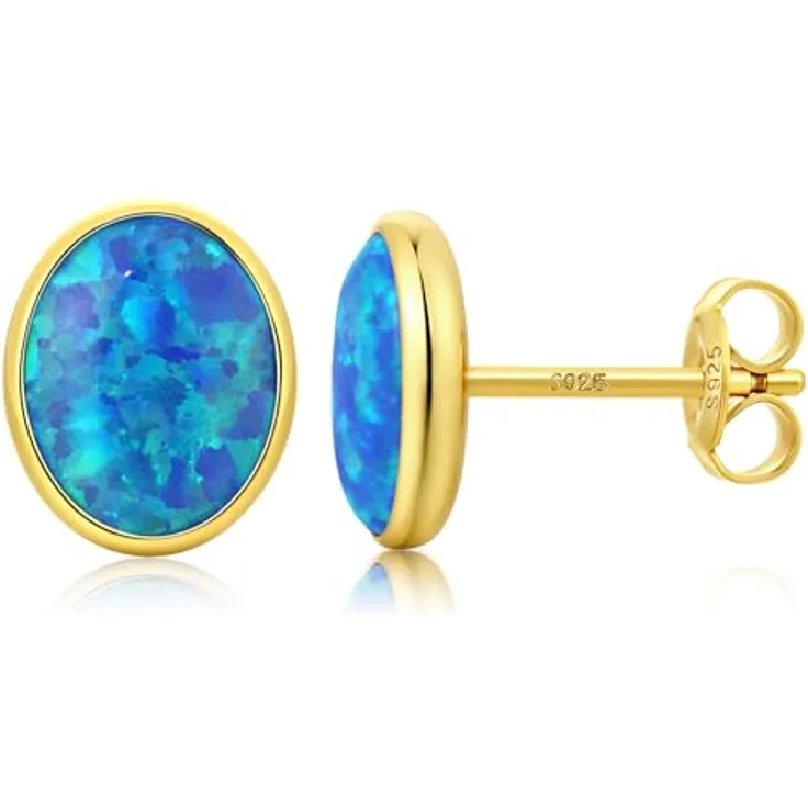 Jiahanzb Ovale Opal Ohrringe 925 Sterling Silber, Blaue hypoallergene Ohrstecker, 6 mm vergoldet