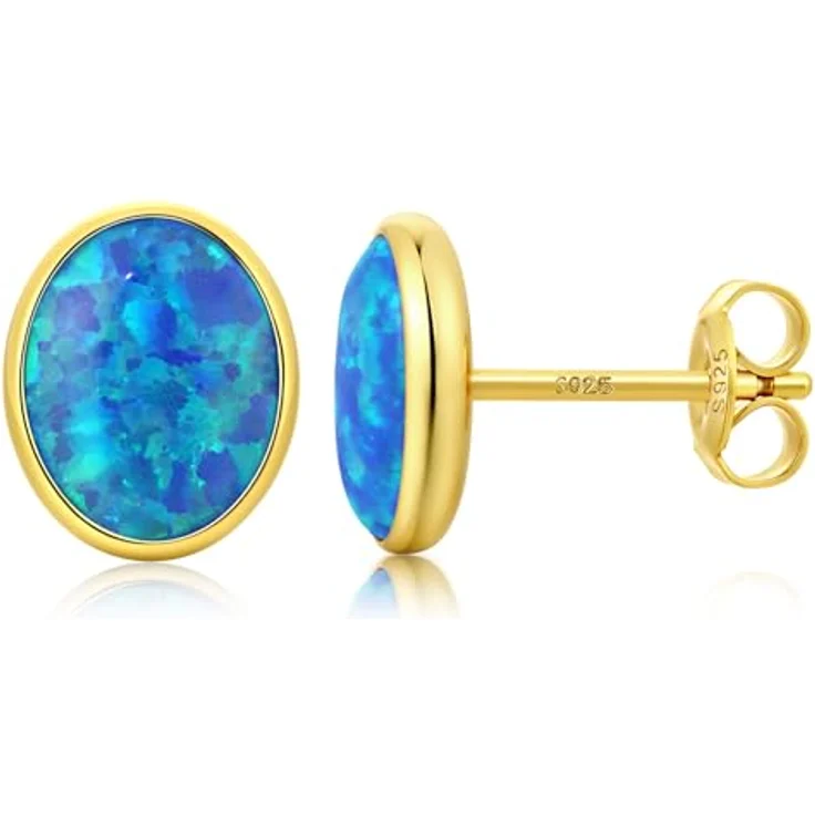 Jiahanzb Opal Ohrringe, 925 Sterling Silber Ovalschliff, Blaue Hypoallergene Ohrstecker 7 mm Vergoldet für Damen – Bild 1