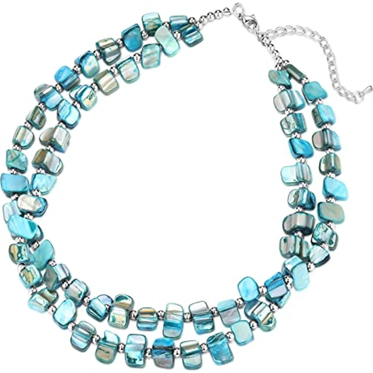 Bulinlin Boho Bunte Perlenkette Damen Muschelkette, Verstellbar, 43 cm + 7 cm Verlängerung, in Türkis, Handgemachte Choker Halskette für Strand und Sommer – Bild 1