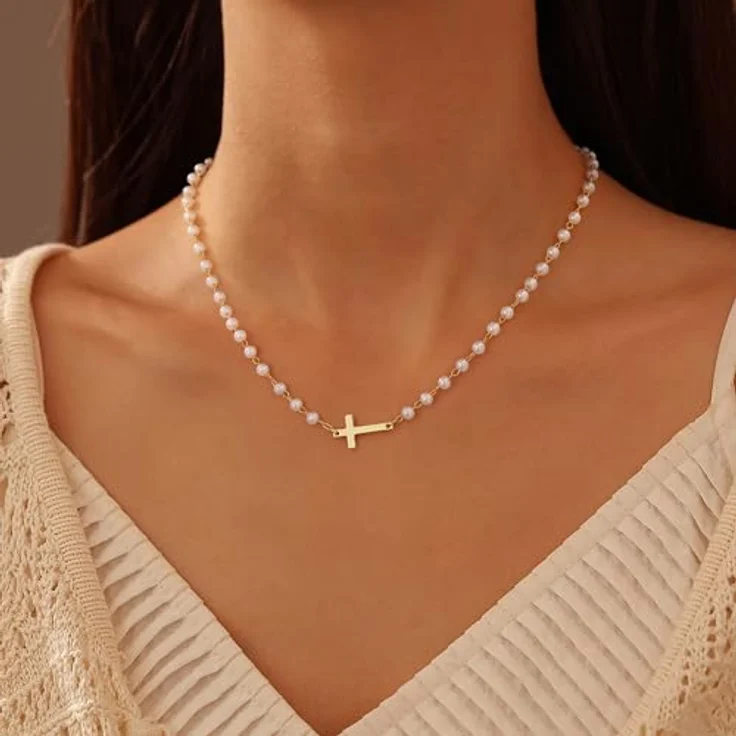 TINGN Halskette Damen Kreuz, 14K Gold Vergoldet, Personalisierbare Perlen Choker, 40cm +5cm verstellbar – Bild 2