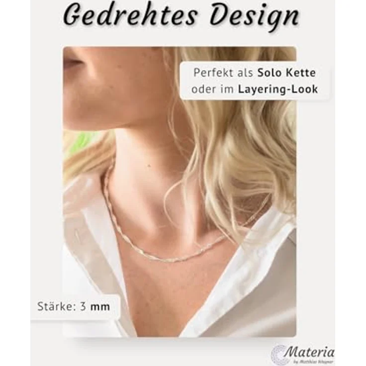 MATERIA by Matthias Wagner Singapurkette 925 Silber Damen, gedreht, 3mm, 70cm, hypoallergen, Made in Germany – Bild 3