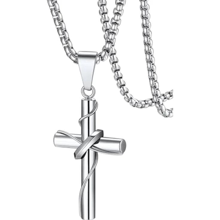 FaithHeart Kreuz Kette Herren Halskette 55 cm, Edelstahl venezianisch, wasserdicht, hypoallergen, silber – Bild 1
