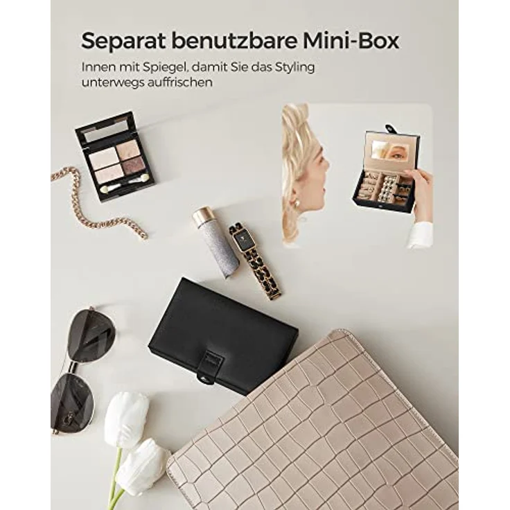 SONGMICS Schmuckkasten JBC121B, abschließbarer Schmuck-Organizer mit 2 Schubladen, herausnehmbare Reise-Box und Spiegel, schwarz mit Samtfutter – Bild 4