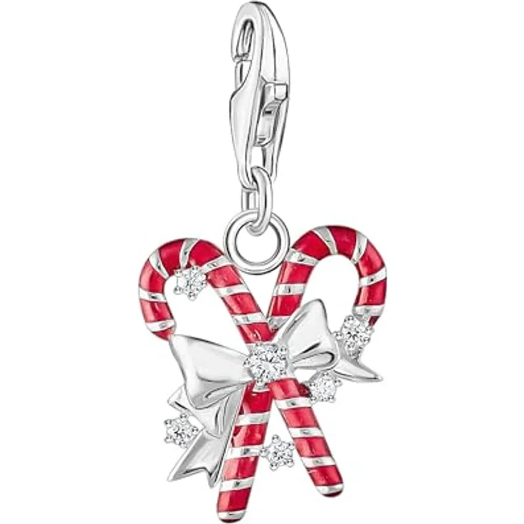 THOMAS SABO Charm-Einhänger Zuckerstangen, 3-D-Design aus recyceltem 925 Silber mit Zirkonia und handbemalten roten Emaille-Details