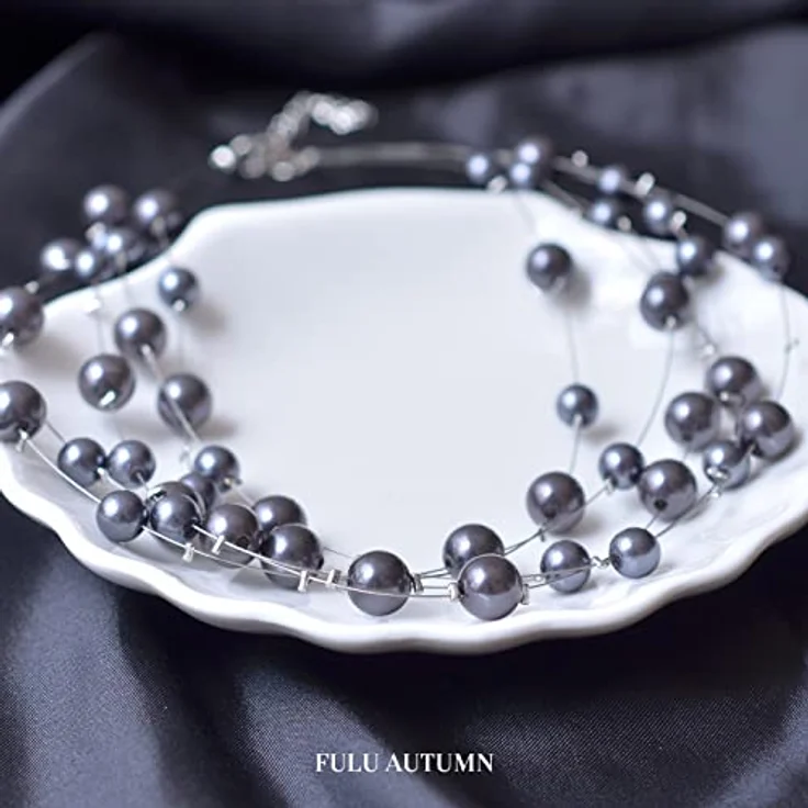 FULU AUTUMN Boho Perlenkette Damen Mehrreihig, Silber Statement Kette, 17" mit 2.7in Zugkettenverlängerung, Dark Grey – Bild 5