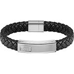 BOSS Jewelry LANDER Armband für Herren, schwarzes Lederarmband mit Edelstahlverschluss und graviertem Schriftzug, 19 cm Umfang