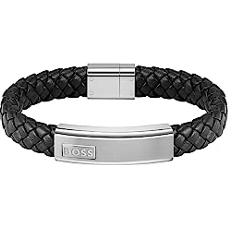 BOSS Jewelry LANDER Armband für Herren, schwarzes Lederarmband mit Edelstahlverschluss und graviertem Schriftzug, 19 cm Umfang – Bild 1
