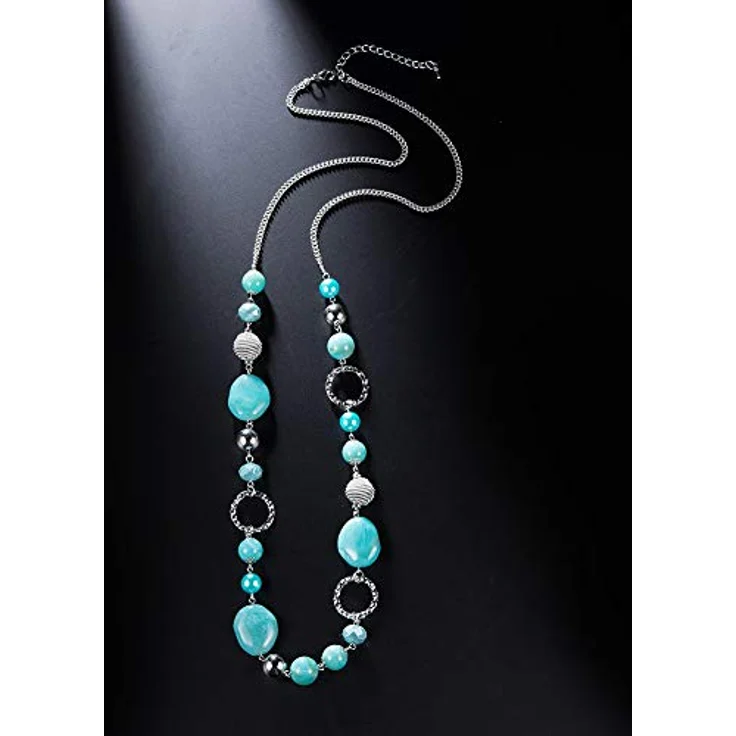 Bulinlin Damen Lange Perlenkette Boho Silber Metall mit Glaskristallperlen, turquoise, 35 Zoll plus 3 Zoll Verlängerung – Bild 5