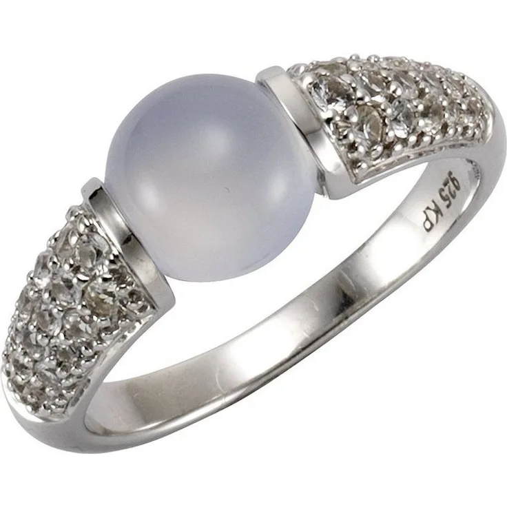 Jamelli Fingerring 925 Silber rhodiniert, Chalcedon und Weißtopas, 8 mm, hellblau und weiß