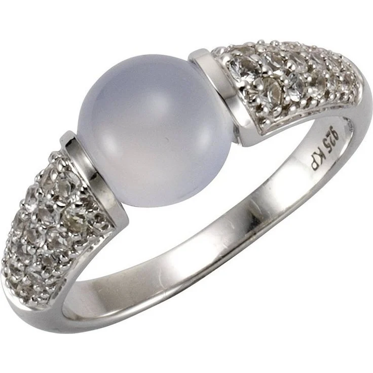 Jamelli Fingerring 925 Silber rhodiniert, Chalcedon und Weißtopas, 8 mm, hellblau und weiß