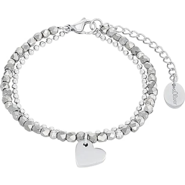 s.Oliver Damen-Armband mit Herz Anhänger, Gravierbar, Edelstahl/Glas, Silber, Länge 16-20 cm