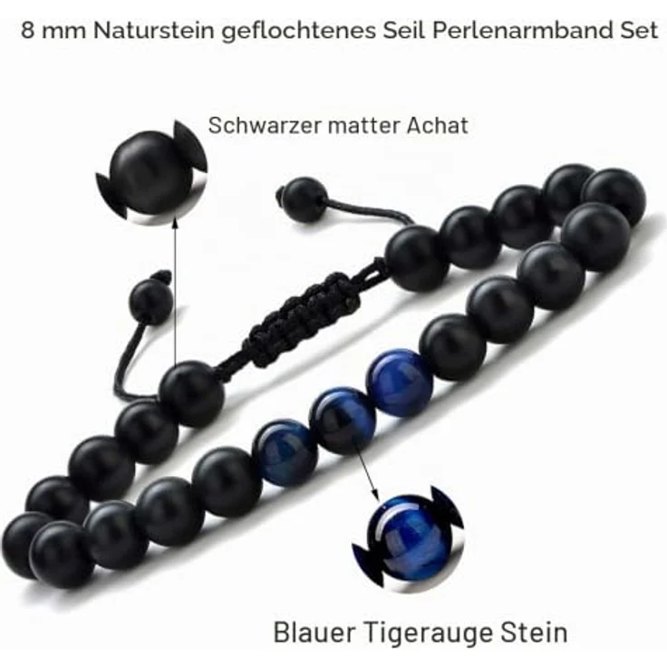 TINGN Tigerauge Armband, Blau, Mattiert, 8mm, Herren Armband für Stressabbau und Meditation, verstellbare Kordel – Bild 5