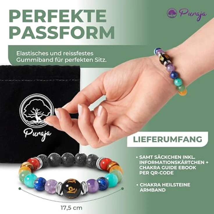 PURAJA Chakra Armband, 7 Chakra Edelsteinarmband aus echten Natursteinen mit Lavastein Perlen, 17,5 cm, für Harmonie & Balance – Bild 2