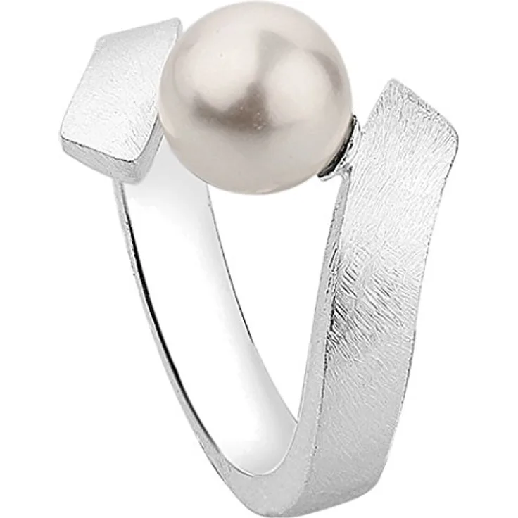Nenalina Damenring Silber 925, gebürsteter Silberring mit weißer Glasperle, anlaufgeschützt, elegantes Accessoire