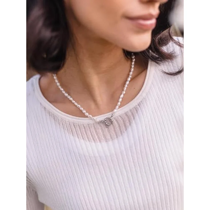 Purelei Pearl Charm Halskette, elegante Kette mit Süßwasserperlen und Charm-Öse, Edelstahl 18K vergoldet (Silber) – Bild 2