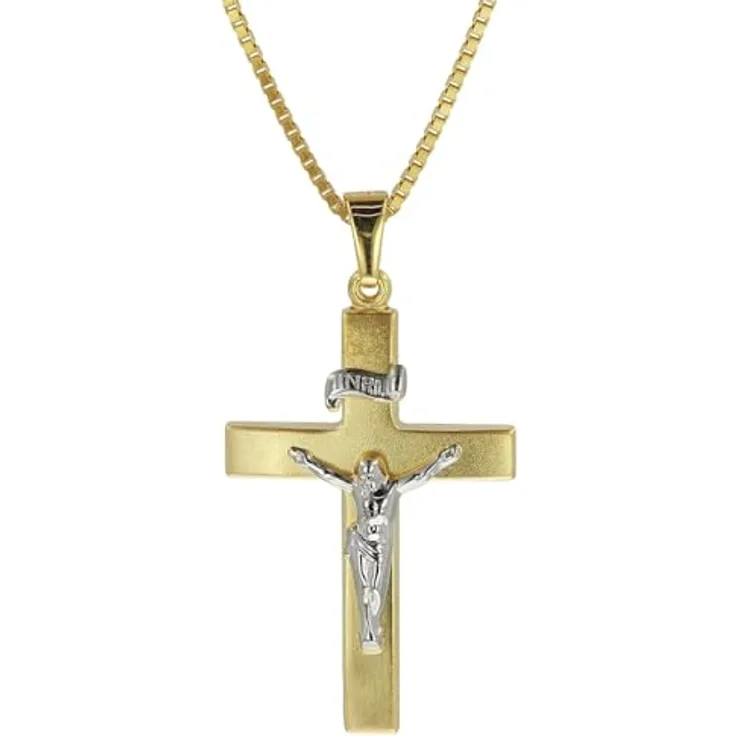trendor Kruzifix-Anhänger Gold 333 mit goldplattierter Herren-Halskette, Bicolor Kreuz 31 x 19 mm, 60 cm Venezianerkette, elegantes Geschenk