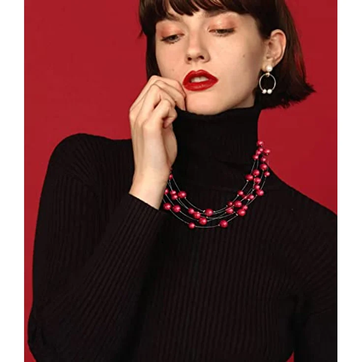 FULU AUTUMN Boho Perlenkette Damen Silber Mehrreihige Statement Kette, Perlen, 17" + 2.7" Verlängerung, rot, Zubehör für Geschenke – Bild 3