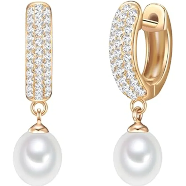 Valero Pearls Damen-Creolen, Klappcreolen aus 925er Sterling Silber gelbvergoldet mit weißen Süßwasser-Zuchtperlen und Zirkonia-Steinen