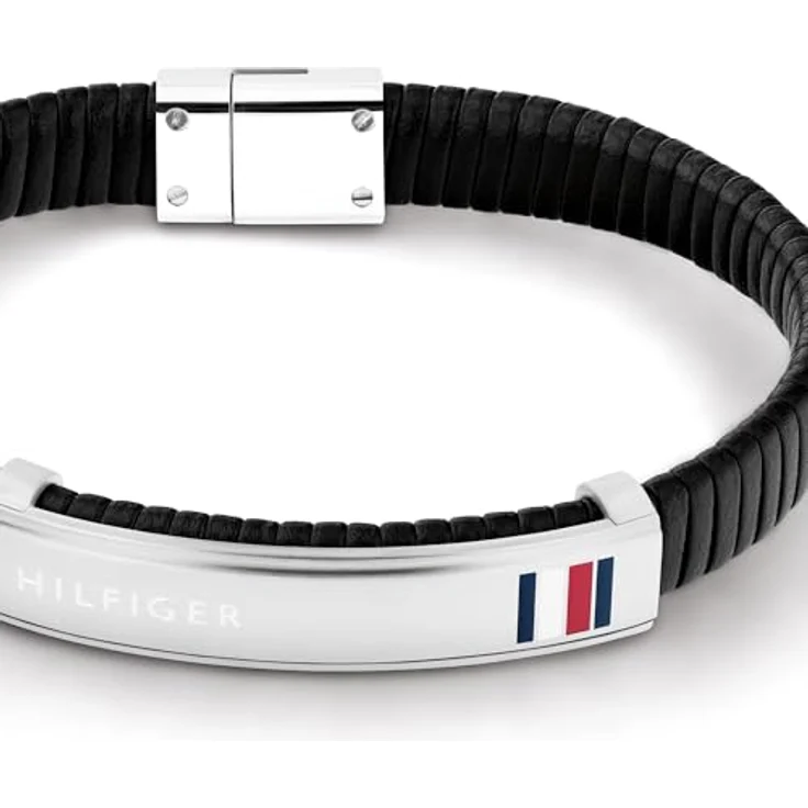 Tommy Hilfiger Jewelry Armband für Herren aus geflochtenem schwarzem Leder mit Edelstahl-Details, 19 cm, magnetischem Verschluss und emailliertem Flaggenlogo – Bild 2