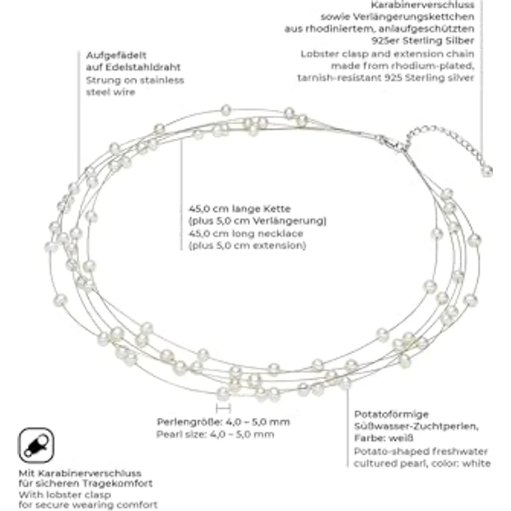 Valero Pearls Damen Perlenkette, mehrreihig mit ovalen weißen Süßwasser-Zuchtperlen, 925 Sterling Silber, 50 cm, Karabinerverschluss – Bild 2