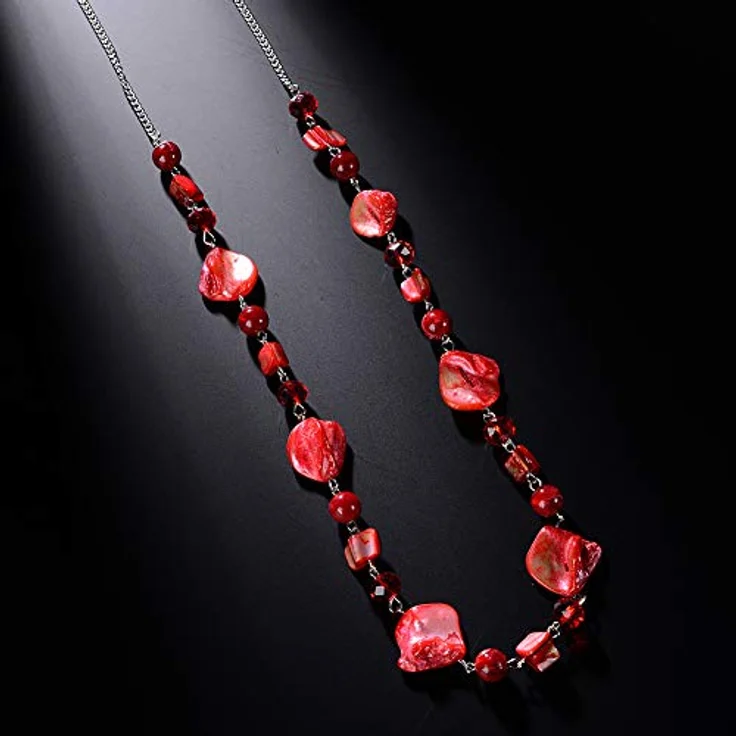 Bulinlin Lange Perlenkette 35 Zoll, Silber Metallkette mit Harz- und Glaskristallperlen, Boho Modeschmuck für Frauen, rot – Bild 3