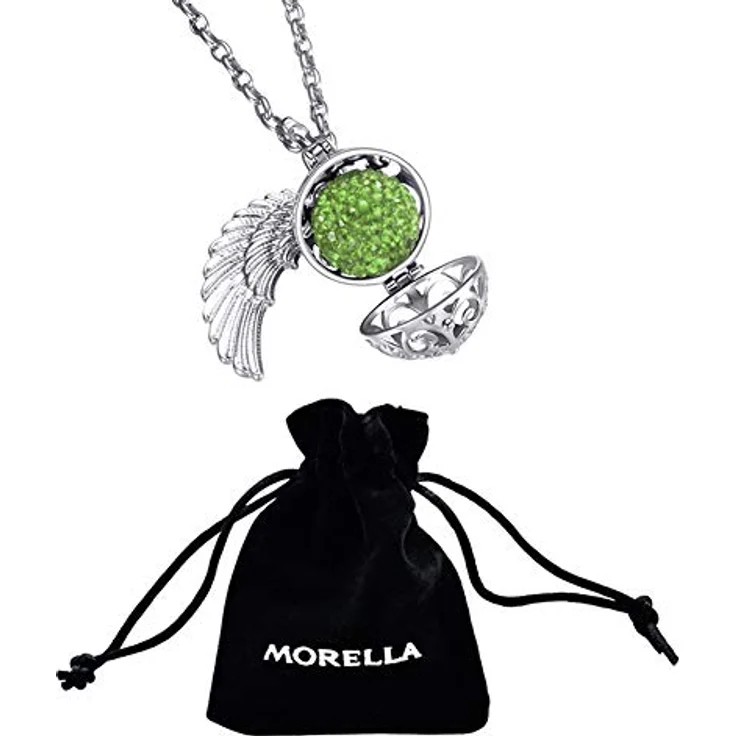 Morella Damen Schutzengel Halskette, Edelstahl 70 cm mit Anhänger Engelsflügel und Klangkugel Zirkonia grün Ø 16 mm, in Schmuckbeutel – Bild 3