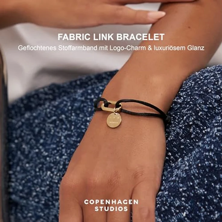 COPENHAGEN STUDIOS Fabric Link Bracelet, Damenarmband mit geknotetem Stoffband & Karabiner-Charm, schwarz-gold, Edelstahl 14K vergoldet, stufenlos verstellbar – Bild 2