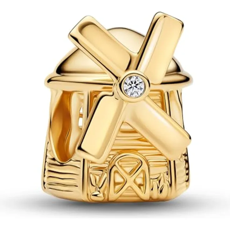 PANDORA Moments Windmühle Charm, 14k vergoldete Metalllegierung mit künstlichem Kristall, drehbare Flügel, kompatibel mit Moments, 764631C01