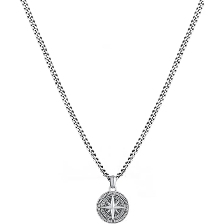 Kuzzoi Herren Halskette Kompass Windrose 925 Sterling Silber oxidiert, Panzerkette 50cm mit Anhänger 34mm – Bild 2