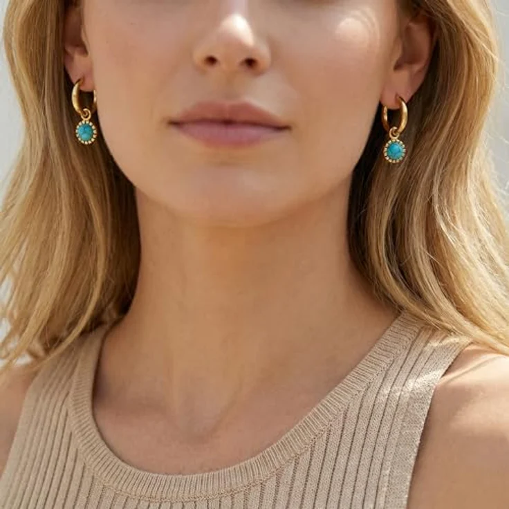ROISE LADY Gold Damen Ohrringe, Edelstahl vergoldet, klein mit türkisem Edelstein, dünne Creolen – Bild 3