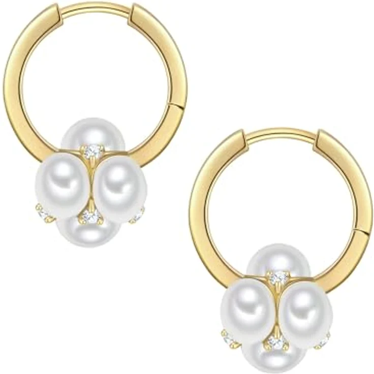 Yokoamii Damen Creolen aus gelbvergoldetem Messing 14 Karat mit synthetischer Perle (ca. 4,5-5,0 mm) und weißen Zirkonia – Bild 2