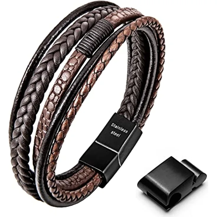 Speroto Lederarmband für Männer, geflochten aus Rindsleder und Edelstahl, braun, 23 cm mit Magnetverschluss