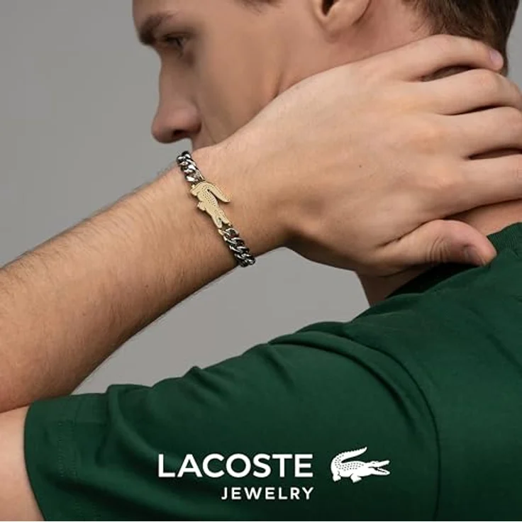 Lacoste Gliederarmband Arthor, Herren-Armband aus zwei-farbigem Edelstahl mit Krokodil-Charm, Innendurchmesser 190 mm, goldene Details, Karabinerverschluss – Bild 4