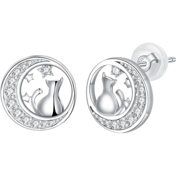 Arrebol Katzen Ohrstecker, 925 Sterling Silber mit 3A Zirkonia, Design mit Katze auf Mond, Geschenkbox, für Damen
