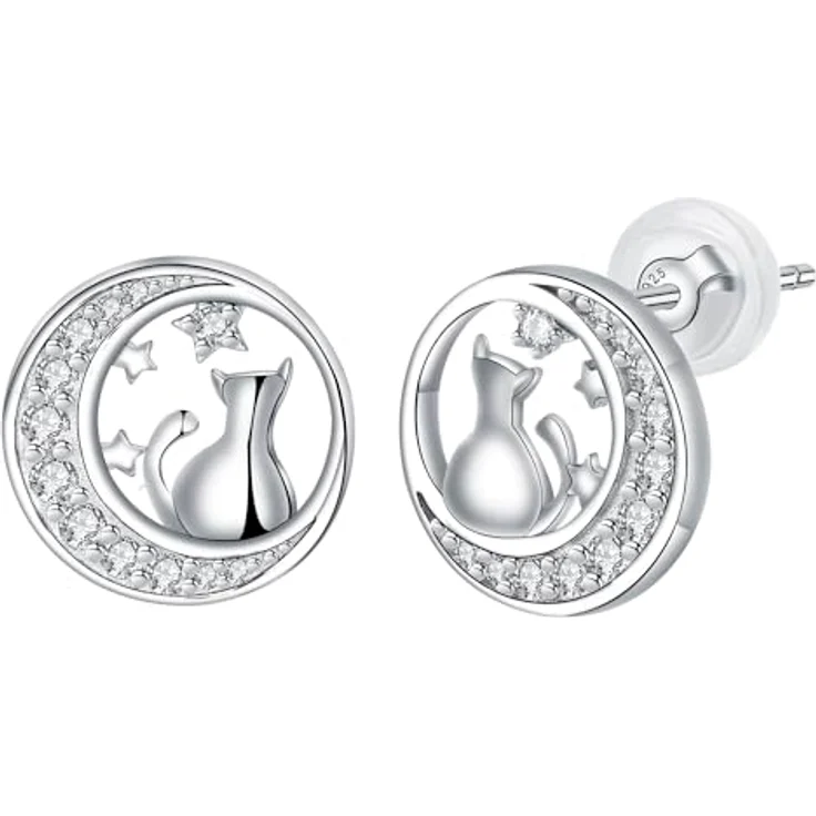 Arrebol Katzen Ohrstecker, 925 Sterling Silber mit 3A Zirkonia, Design mit Katze auf Mond, Geschenkbox, für Damen – Bild 1