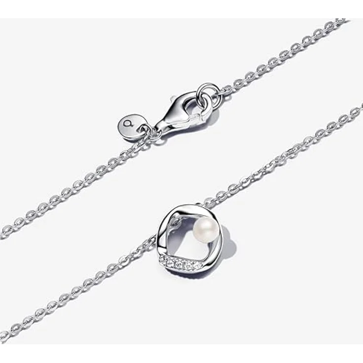 PANDORA Essence Organisch Geformter Pavé Kreis & Behandelte Süßwasserzuchtperlen Collier-Halskette aus Sterling Silber mit Zirkonia, 45cm – Bild 5