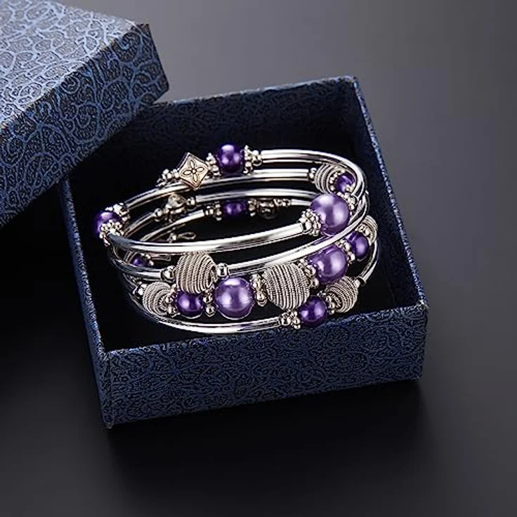 Bulinlin Silber Wickelarmband mit Naturstein Perlen, Boho Mehrschichtiges Damen Armband in Violett, perfektes Geburtstagsgeschenk – Bild 5
