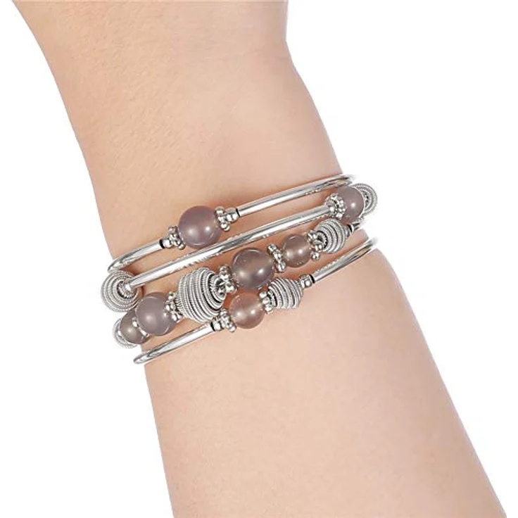 Bulinlin Silber Wickelarmband mit Naturstein Perlen, Boho Mehrschichtiges Damen Armband, Agate Grey, perfektes Modegeschenk – Bild 4