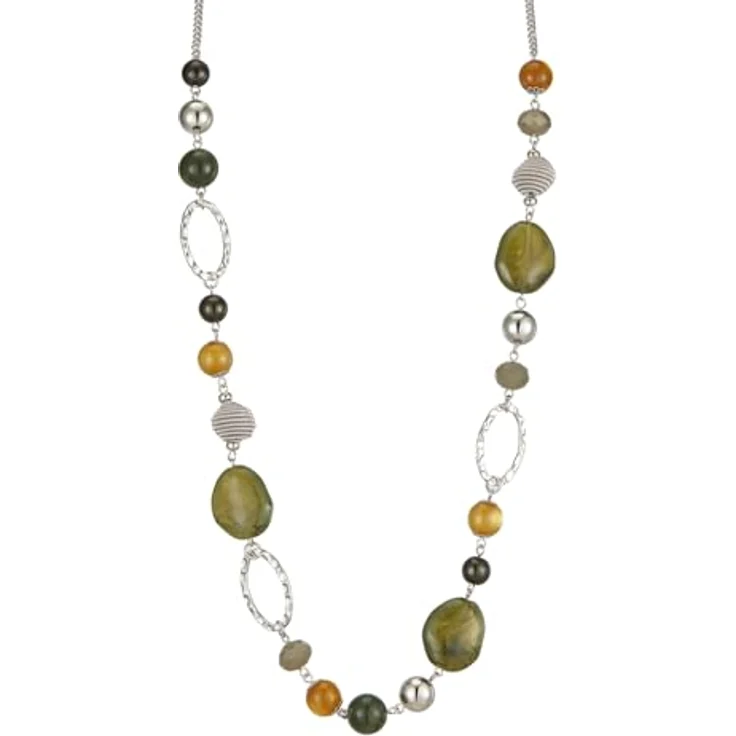 Bulinlin Silber Perplen Lange Kette für Damen, Boho Statement Chain Halskette, 35+3 Zoll, Army Green, Modeschmuck für Geburtstagsgeschenke – Bild 1