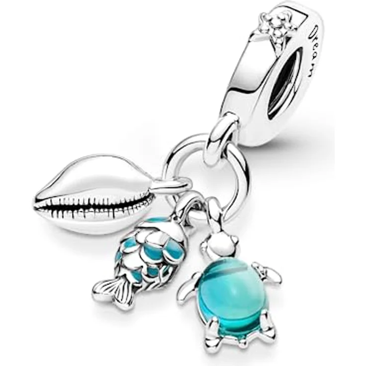 PANDORA Moments Dreifacher Charm-Anhänger, Fisch, Meeresschildkröte & Muschel aus Sterling-Silber mit türkisfarbenen Emaille-Details und Murano-Glas, kompatibel mit Moments Armbändern – Bild 4