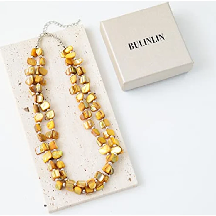 Bulinlin Boho Bunte Perlenkette Damen Muschelkette, Verstellbar, 43 cm + 7 cm Verlängerung, Handgemachte Choker Halskette, Gelb – Bild 5