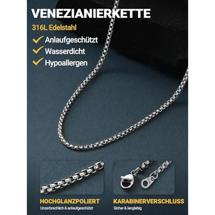 PROSTEEL Edelstahl Halskette Venetia Box Briolette, silber, 3mm Breite, 46cm Länge, Unisex Schmuck für Männer und Jungen – Bild 2