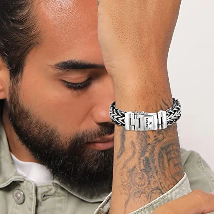 Kuzzoi handgefertigtes Silber Panzer-Armband, 925er Sterling Silber oxidiert, 15mm breit, Kastenverschluss mit Logo Gravur, 21 cm lange, 95 g schwer – Bild 4