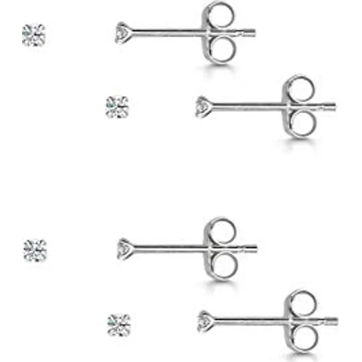 Amberta Klein Ohrstecker, 925 Sterling Silber, Zirkonia 2 mm, 4er Set, hypoallergen, in eleganter silberner Fassung