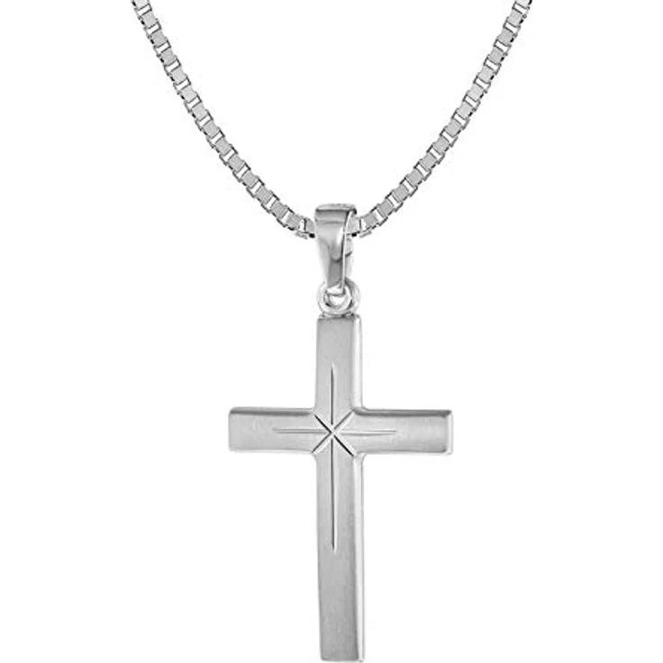 trendor Kreuz-Anhänger 24 mm Weißgold 585 (14 Karat) mit Silberkette, Damen und Herren Halskette, seidenmatt mit diamantiertem Dekor, 45 cm – Bild 1