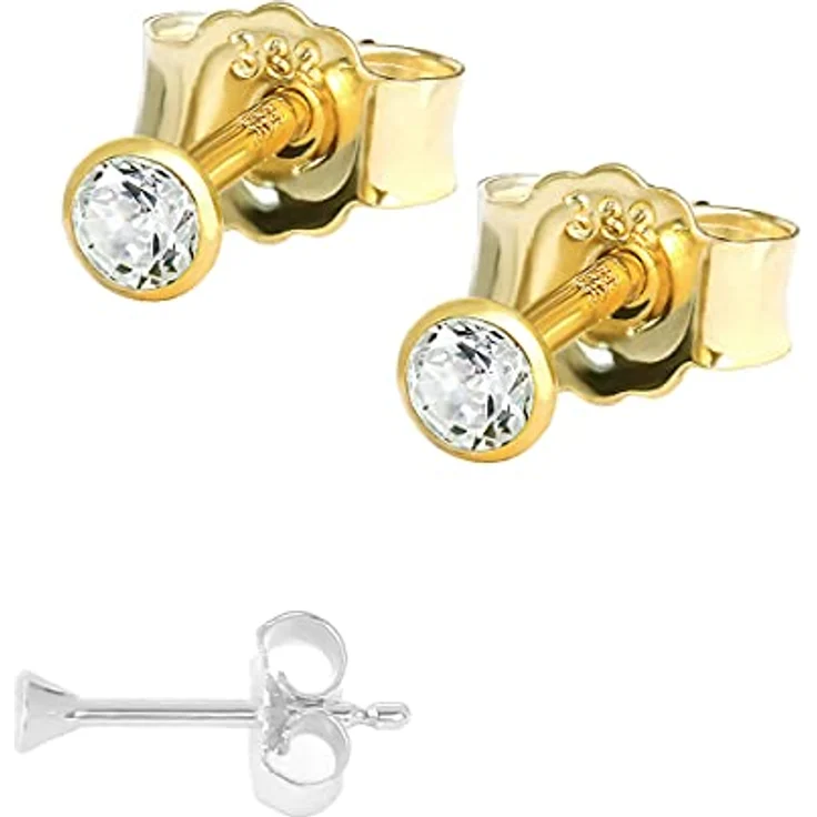 NKlaus Ohrstecker 333 Echtgold für Damen, 2 mm Zirkonia Weiß, elegantes Design, 1 Paar – Bild 4