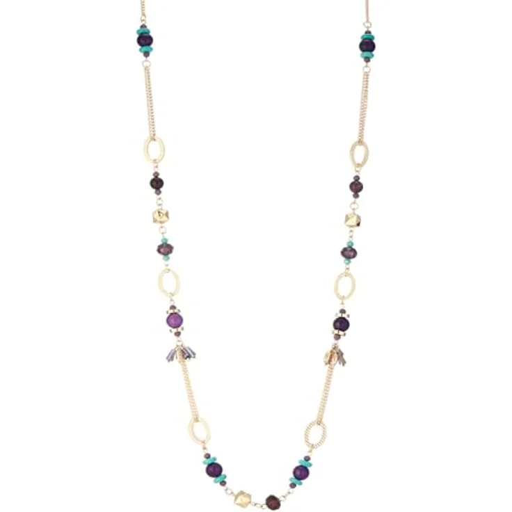 Dazylleco Lange Gold Perlenkette Damen Boho Halskette, 90cm mit Natursteinen und Holzperlen, Geschenke für Mama, lila