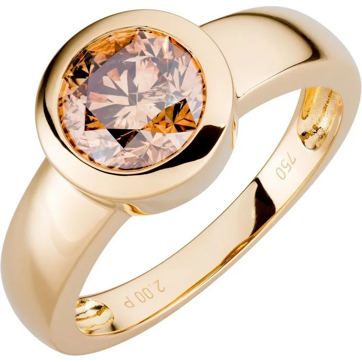 Orolino Damen-Ring aus 750 Gelbgold mit natürlichem 2,0 ct leicht braunem Brillant, champagnerfarben