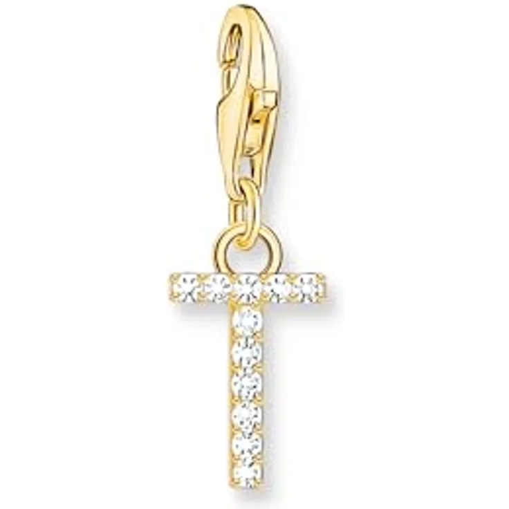 THOMAS SABO Charm-Anhänger Buchstabe T, vergoldet mit weißen Steinen aus 925 Sterlingsilber, passend für Charm-Armbänder und -Ketten